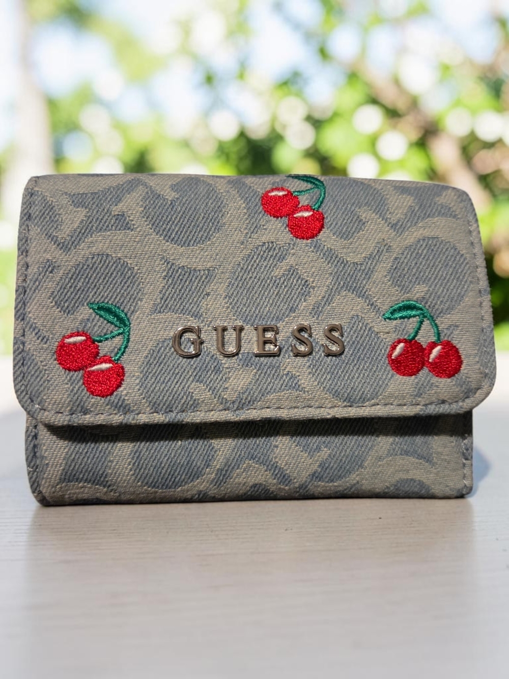 GUESS Cherry Embroidered Denim Compact Wallet